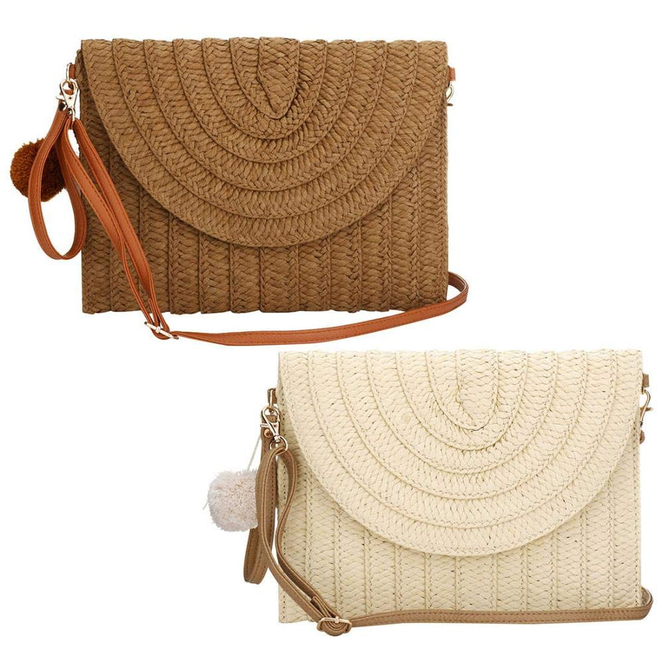 Bolsa de playa de paja con diseño de pompones de colores