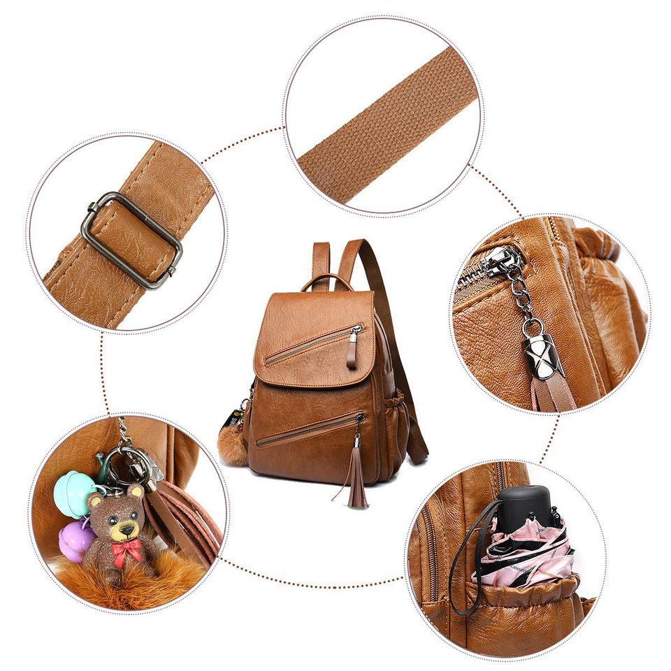 MELANSAY Mochila de Moda Mochila, Mujer Mochila de Cuero de Viaje Ocio PU Bolsa de Dibujos Animados Tassel,Marrón