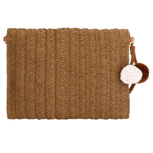 Bolsa de playa de paja con diseño de pompones de colores