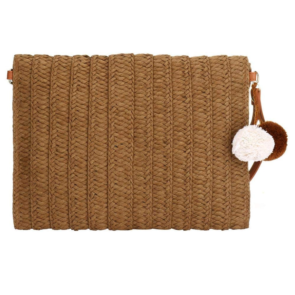 Bolsa de playa de paja con diseño de pompones de colores