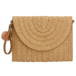 Bolsa de playa de paja con diseño de pompones de colores