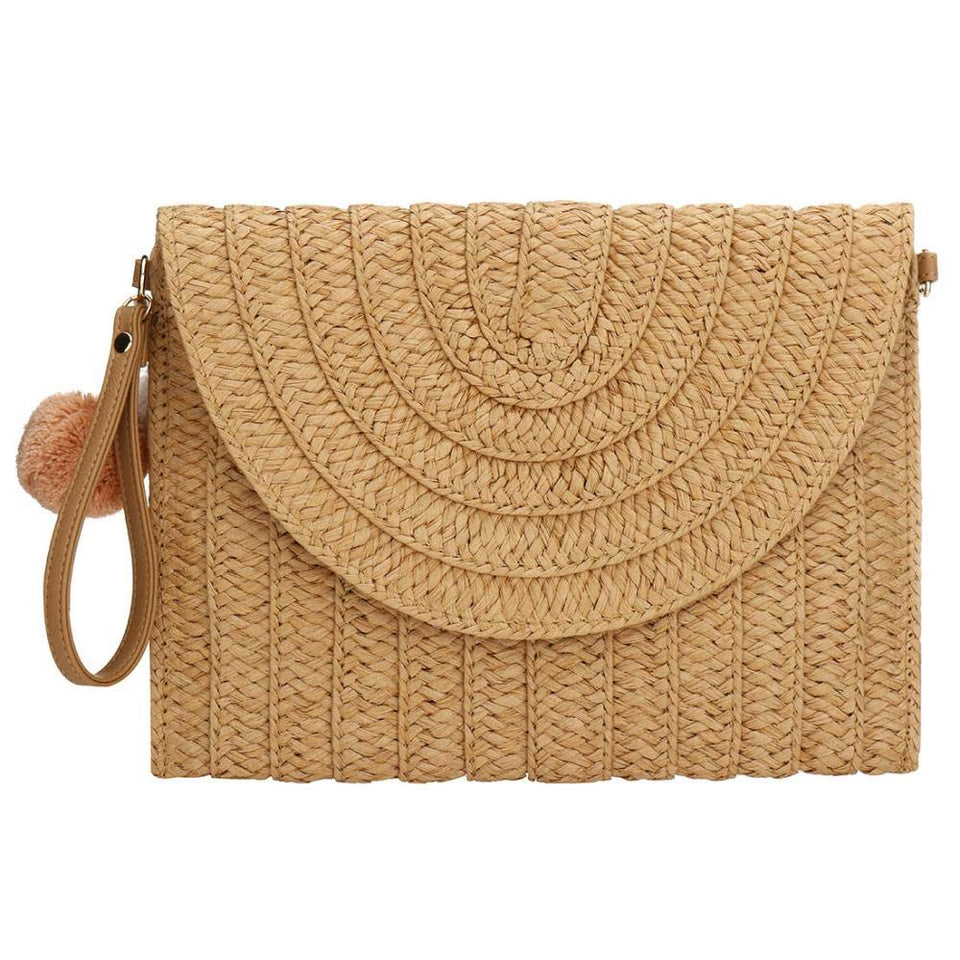 Bolsa de playa de paja con diseño de pompones de colores