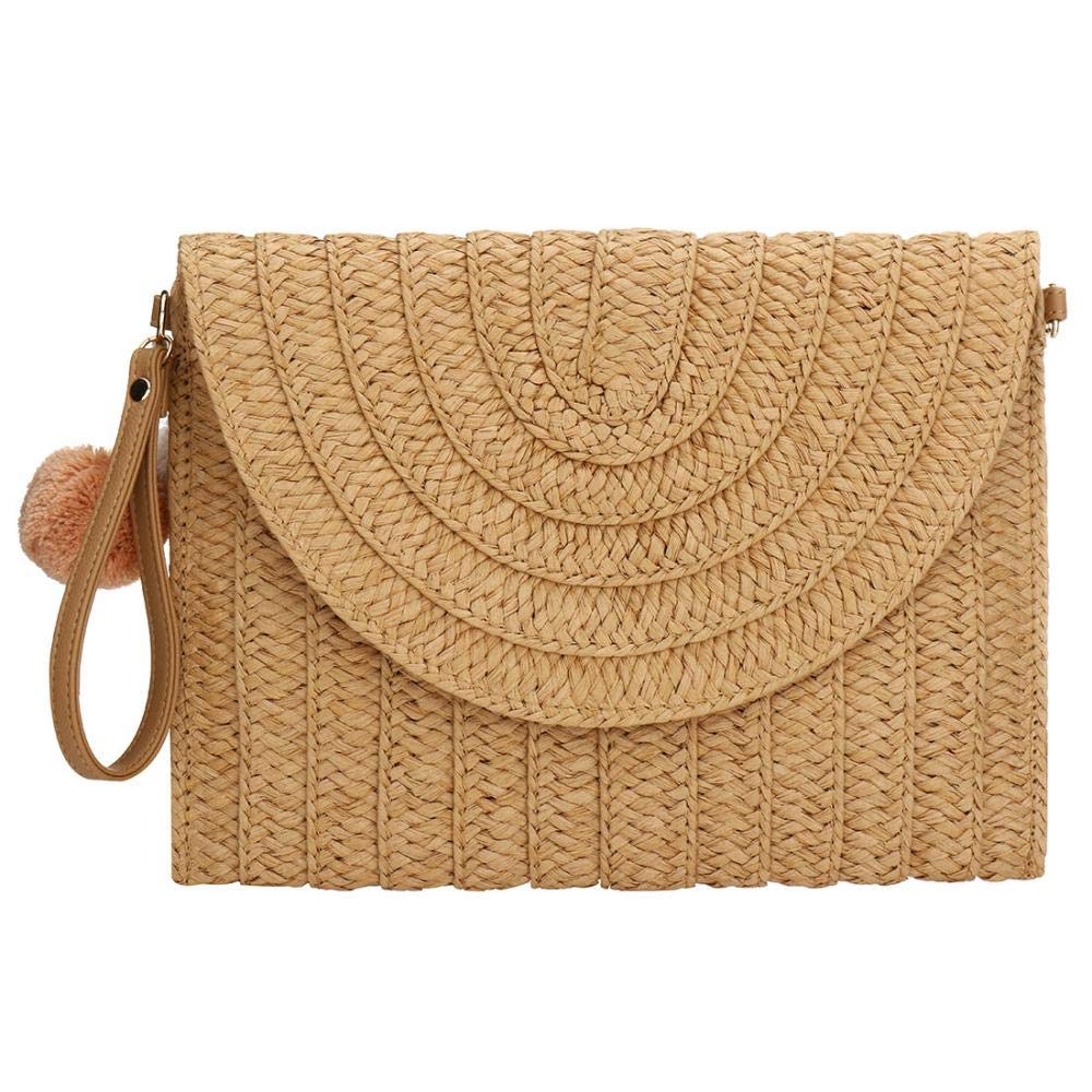 Bolsa de playa de paja con diseño de pompones de colores