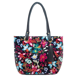 Bolsa de Dama Grande Negro Flores Modelo A-407 Bolso de Mujer"Bonita Bags" 28x14x27cm